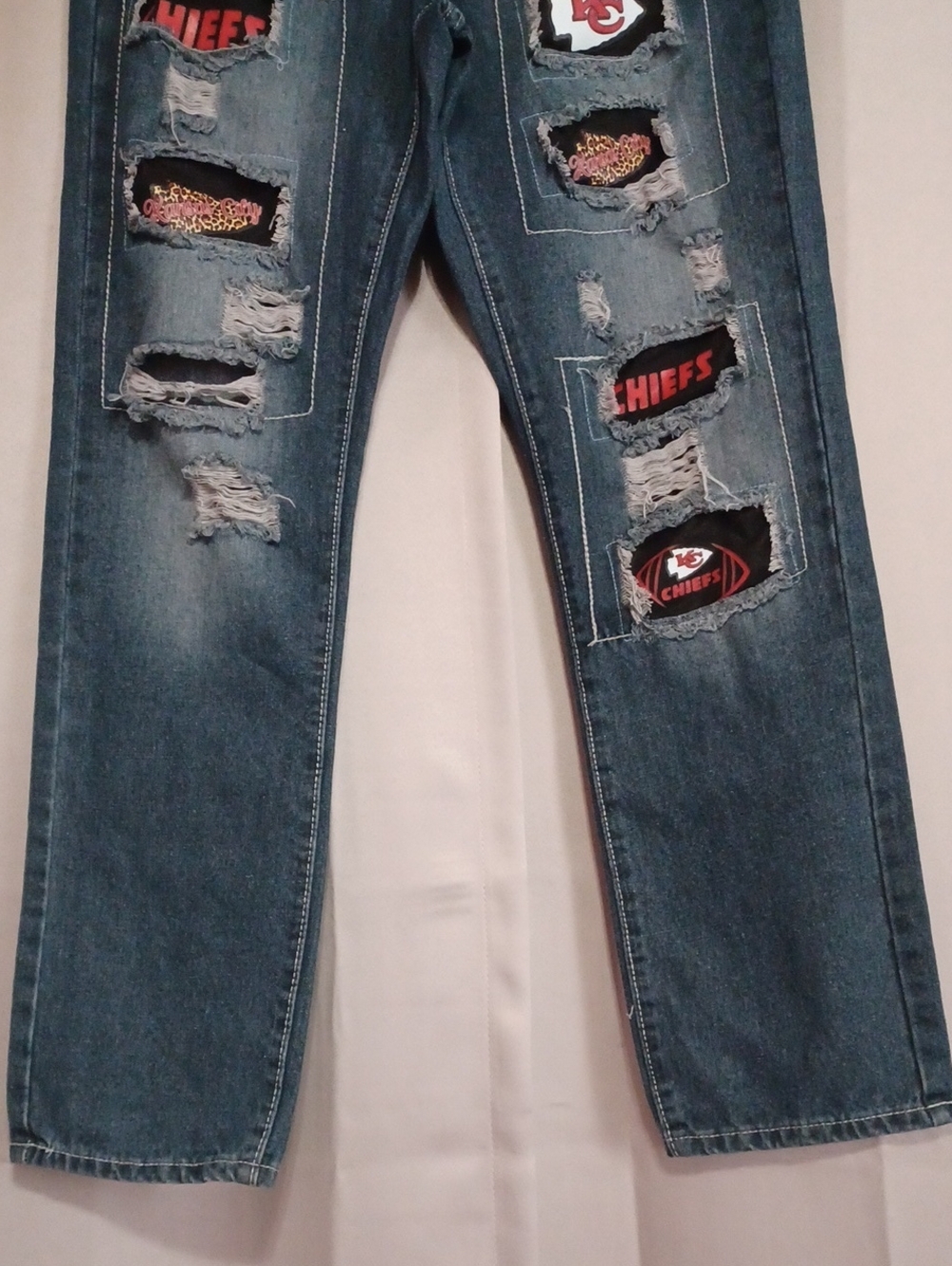 Kansas City Chiefs Custom Distressed Patchwork Jeans NFL Football Fan Game Day - Picture 7 of 15